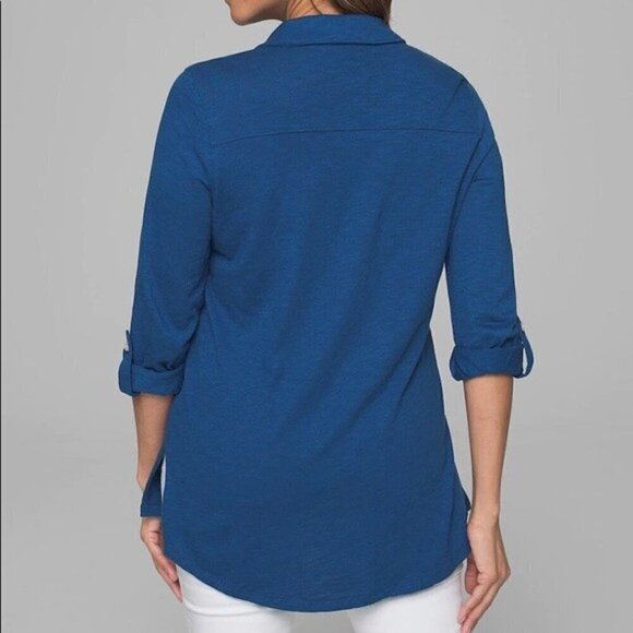 Soma Sz L Blue Button Up Tunic Cotton Modal Slub Knit Shirt Roll Tab Sleeve Top - Picture 3 of 8
